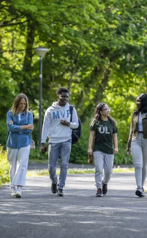 4 students walking in a row, two seemto be chatting, they are walking through a wooded area on a concrete path. 