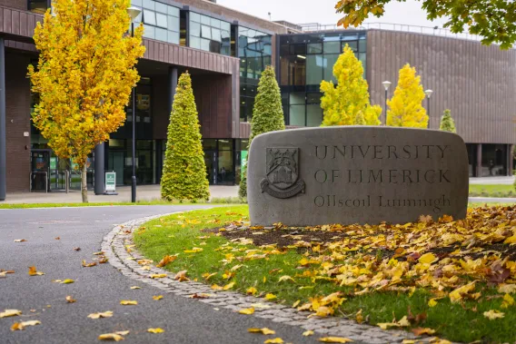 Autumn campus stone with University of Limerick written on it 