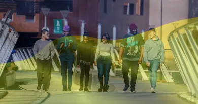 Six students walking over the UL Living Bridge with a Ukrainian flag overlaid