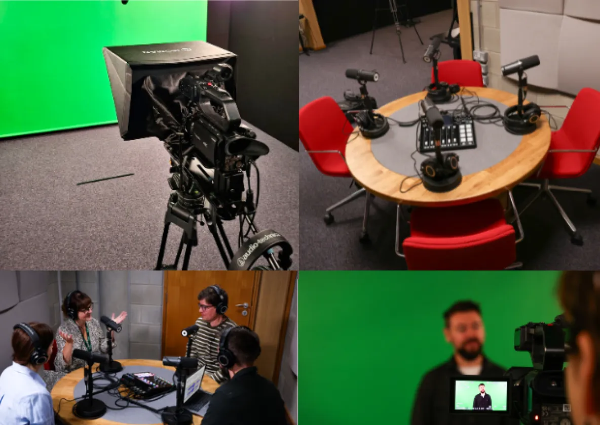 4 groups images of a podcast table, a teleprompter, a person being filmed in front a greenscreen, 4 people at a podcast table