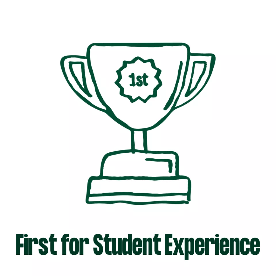 Doodle image of a trophy with the text 'First for Student Experience' written underneath