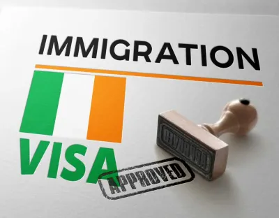 Image stating 'Immigration' and 'Visa approved' with an Irish flag