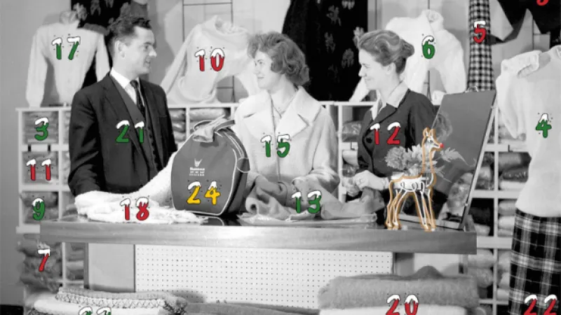 3 people in a shop with numbers on each item to depict a calendar